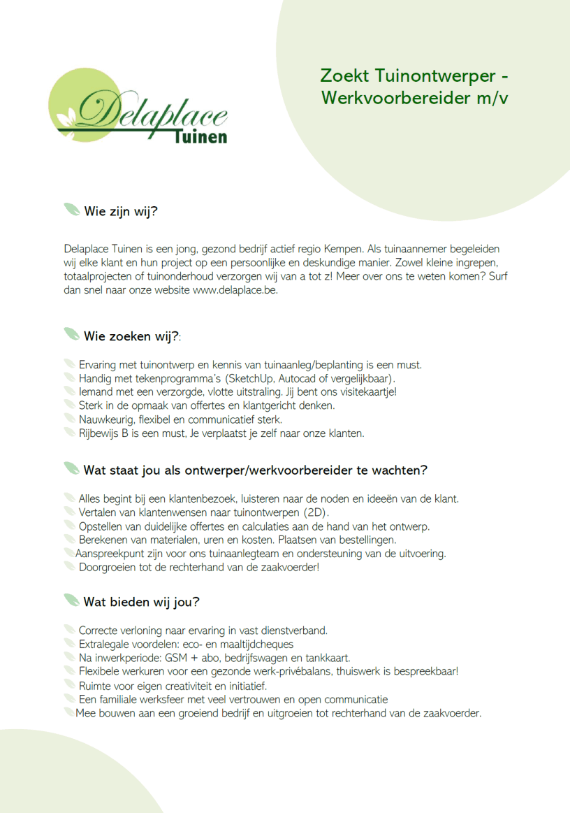 Vacature Delaplace tuinen Beerse